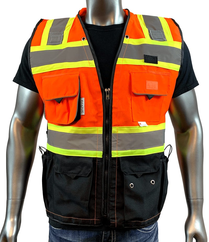 REXZUS (C Vest For Mens Black Series Safety Vest With Zipper and Utility Pockets Premium Black Series Surveyors Vest (Medium, Orange/Black) - Image 2